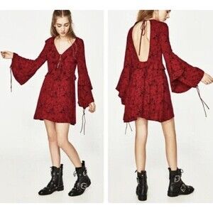 Zara Womens Ruffle Fit &Flare Floral Long Sleeve V-neck Dress XS Red Grunge Boho